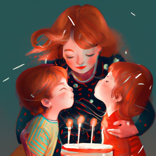 אמא מוקפת בילדיה, מכבה נרות על עוגת יום הולדת