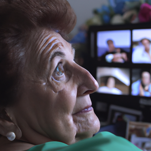 סבתא צופה בווידאו מונטאז' של זיכרונות משפחתיים