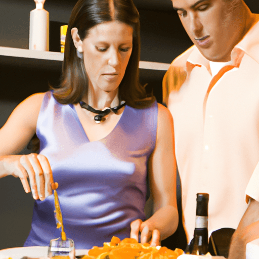 זוג משתתפים בשיעור בישול או נהנה מארוחה שהוכנה על ידי שף אישי