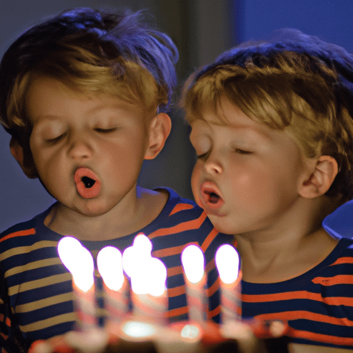 צילום גלוי של התאומים מכבים את הנרות על העוגות שלהם