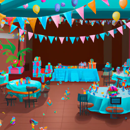 מתחם מסיבות מאורגן היטב עם חללים ייעודיים למשחקים, אוכל ומתנות