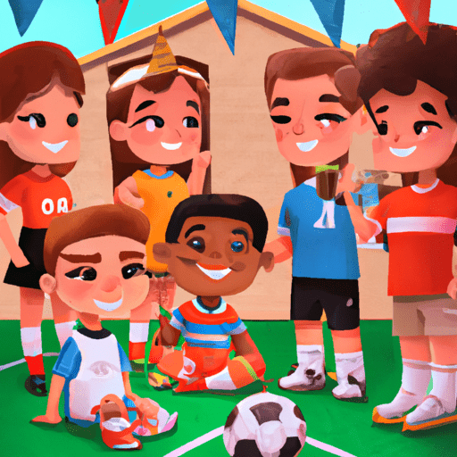 קבוצת ילדים צעירים לובשים חולצות כדורגל ומצטלמים בתמונה קבוצתית במסיבת יום הולדת בנושא כדורגל.