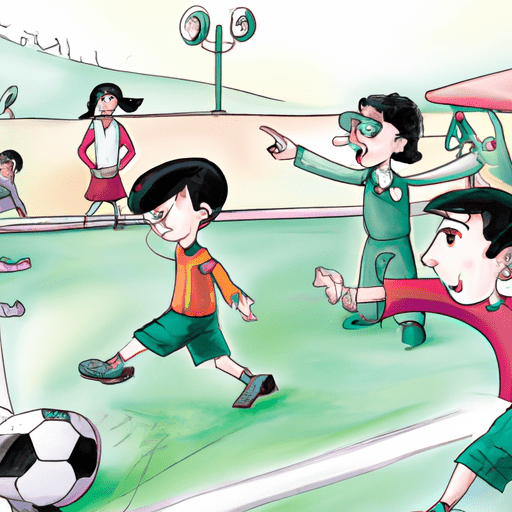 ילדים משתתפים במשחק כדורגל מיני, עם שופט והורים מריעים.