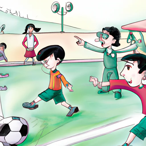 ילדים משתתפים במשחק כדורגל מיני, עם שופט והורים מריעים.