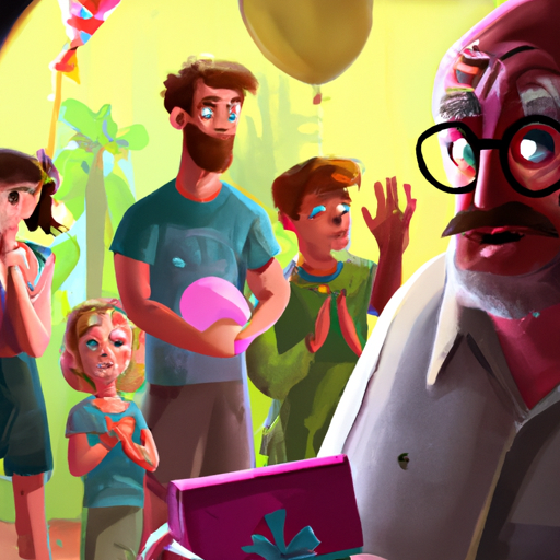אבא מופתע ממסיבת יום הולדת, כשברקע המשפחה והחברים