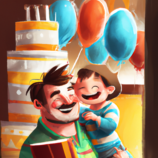 אבא וילד מתחבקים ומחייכים, עם עוגת יום הולדת ברקע
