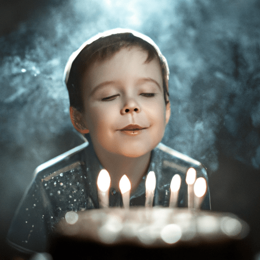 ילד שמח מכבה נרות על עוגת יום הולדת