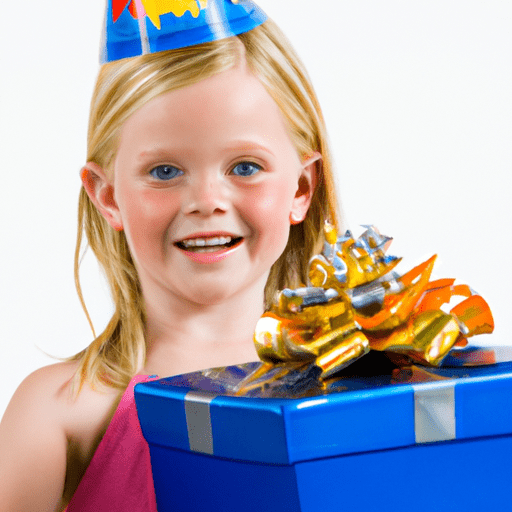 ילדה קטנה ומאושרת חובשת כובע מסיבה ומחזיקה מתנת יום הולדת