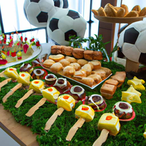 שולחן מזנון מלא בסנדוויצ'ים בצורת כדור כדורגל, שיפודי פירות וחטיפים אחרים.
