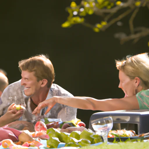 משפחה שנהנית מפיקניק מאור שמש עם מבחר של אוכל טעים