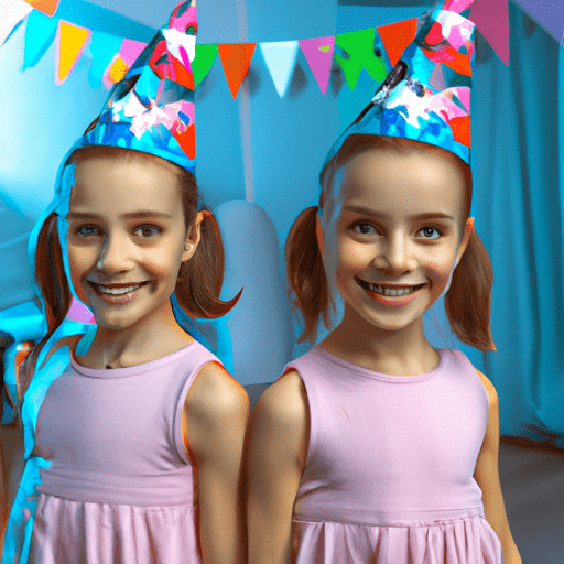 תאומים חובשים כובעים חגיגיים ומחייכים במסיבת יום ההולדת שלהם